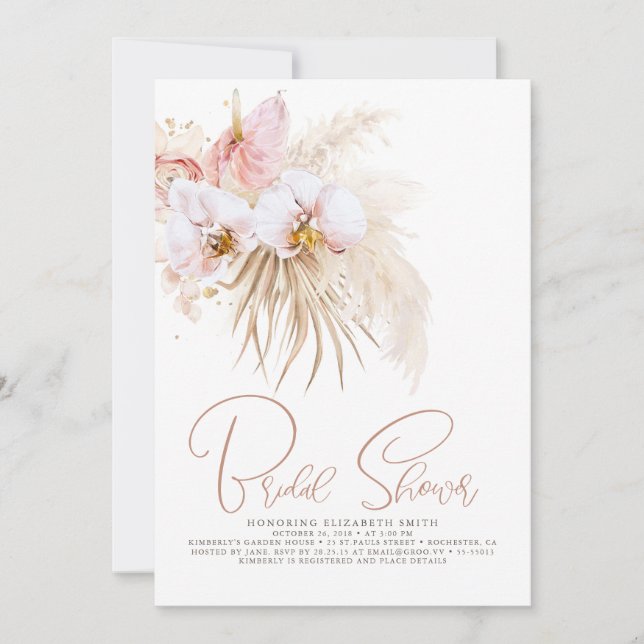 Boho Pampas Grass Tropical Flowers Bridal Shower Invitation (Front)