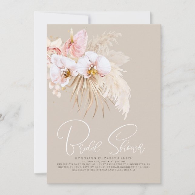 Boho Pampas Grass Tropical Flowers Bridal Shower Invitation (Front)