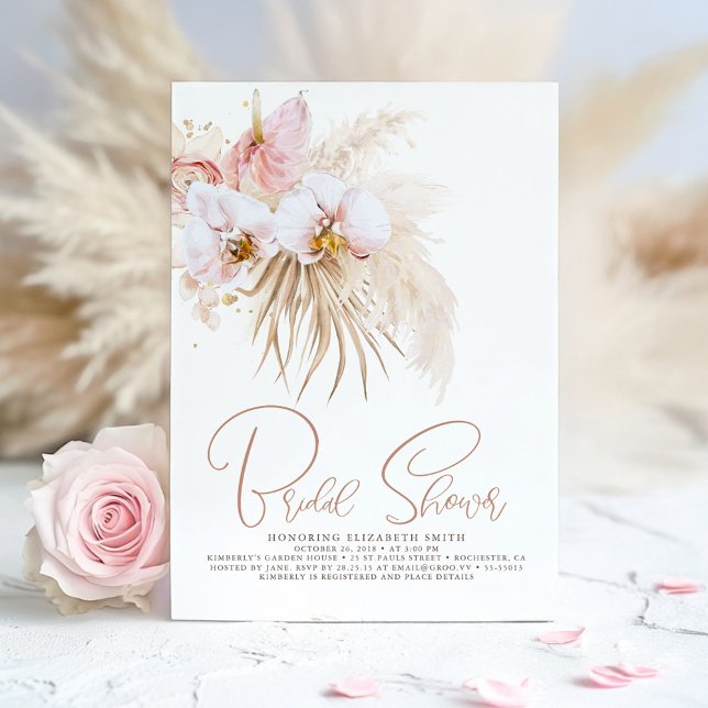 Boho Pampas Grass Tropical Flowers Bridal Shower Invitation (Boho Bridal Shower Invitation)