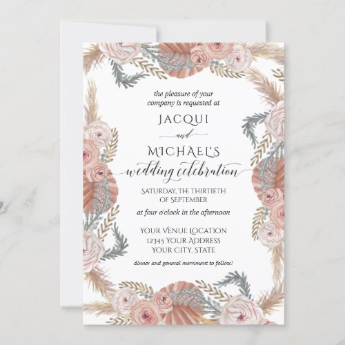 BOHO Pampas Grass Tropical Watercolor Blush Floral Invitation