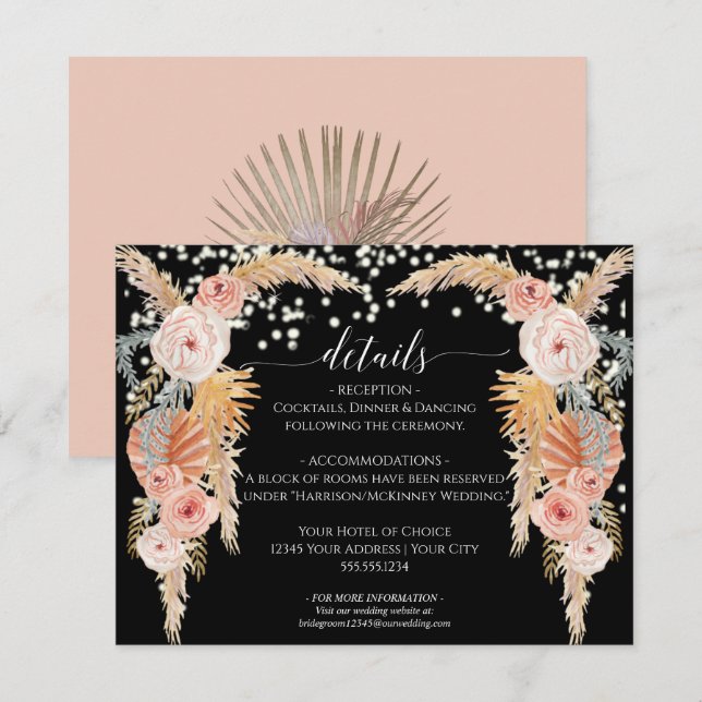 Boho Pampas Grass Twinkle Lights Wedding Details Invitation (Front/Back)