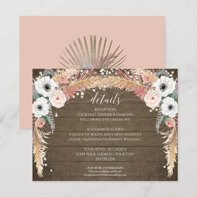 Boho Pampas Grass Twinkle Lights Wedding Details Invitation (Front/Back)