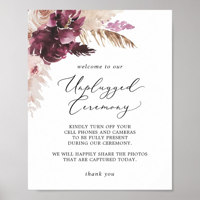 Boho Pampas Grass Unplugged Ceremony Sign (Front)