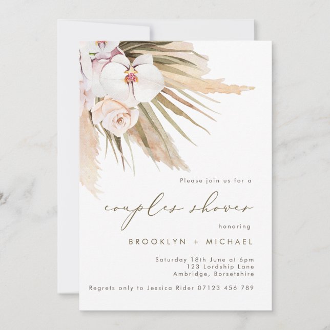 Boho Pampas Grass Watercolor Floral Couples Shower Invitation (Front)