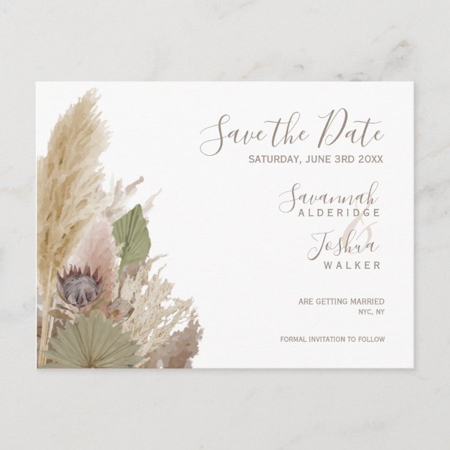 BOHO PAMPAS GRASS WATERCOLOR SAVE THE DATE POSTCARD (Front)