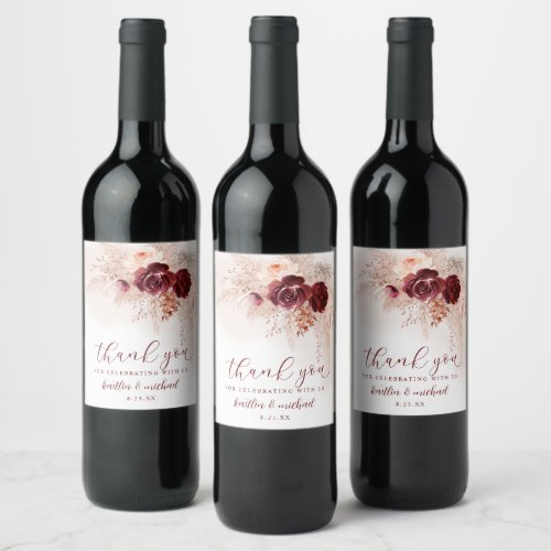 Boho Pampas Grass Wedding Burgundy Roses Wine Labe Wine Label