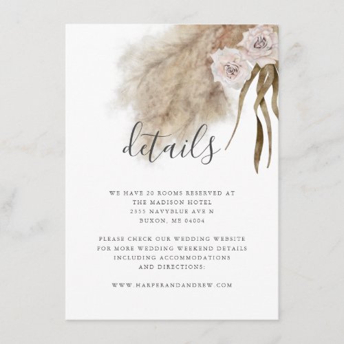 Boho Pampas Grass Wedding Details Enclosure Card