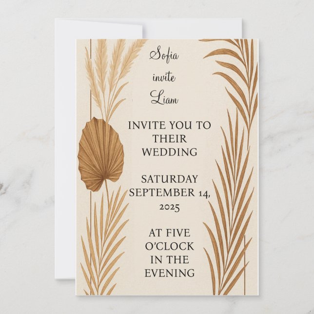 Boho Pampas Grass Wedding Invitation | Minimalist (Front)