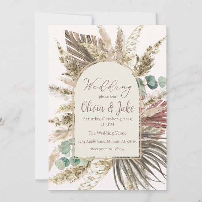 Boho Pampas Grass Wedding Invitation — Sage Green (Front)