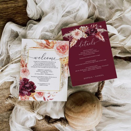 Boho Pampas Grass Wedding Itinerary Welcome Invitation