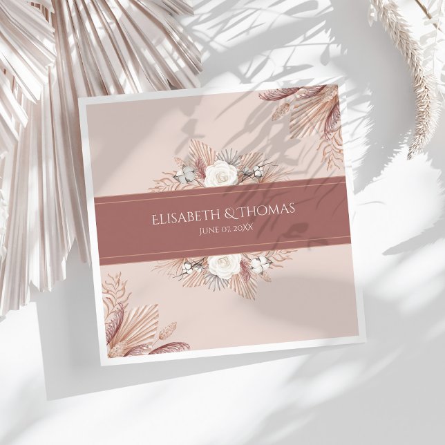 Boho Pampas Grass Wedding  Napkins (Boho Pampas Grass Wedding Napkins on a sunny white table with dry palm leaf.)