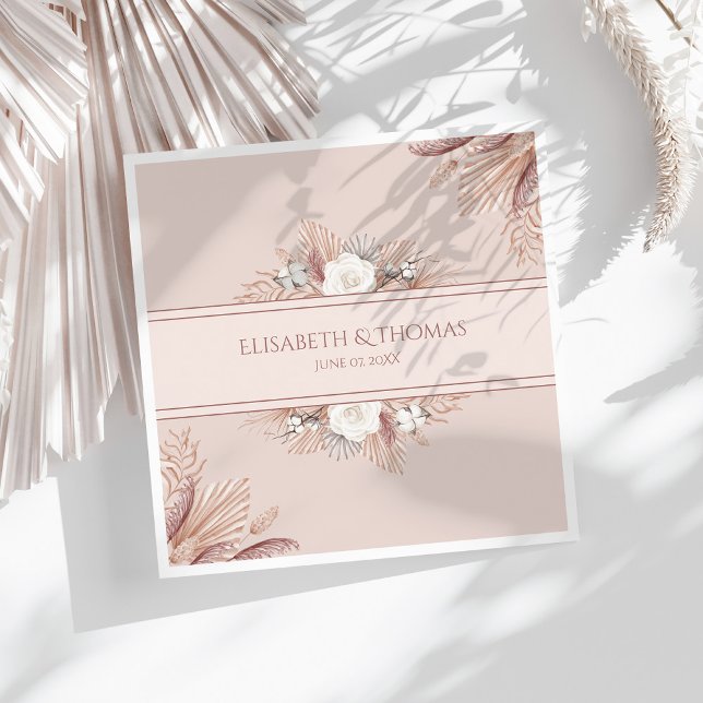 Boho Pampas Grass Wedding  Napkins (Boho Pampas Grass Wedding Napkins on a sunny white table with dry palm leaf.)