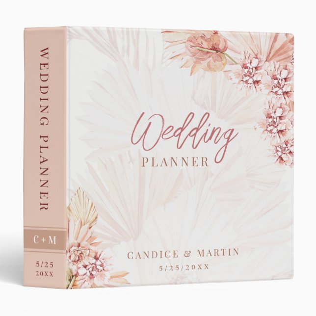 Boho Pampas Grass Wedding Planner Organizer Blush 3 Ring Binder (Front/Spine)