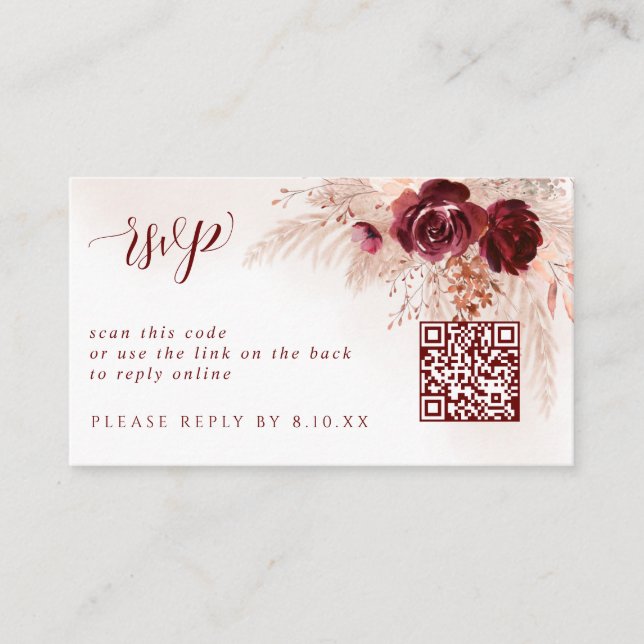 Boho Pampas Grass Wedding QR Code RSVP Card (Front)