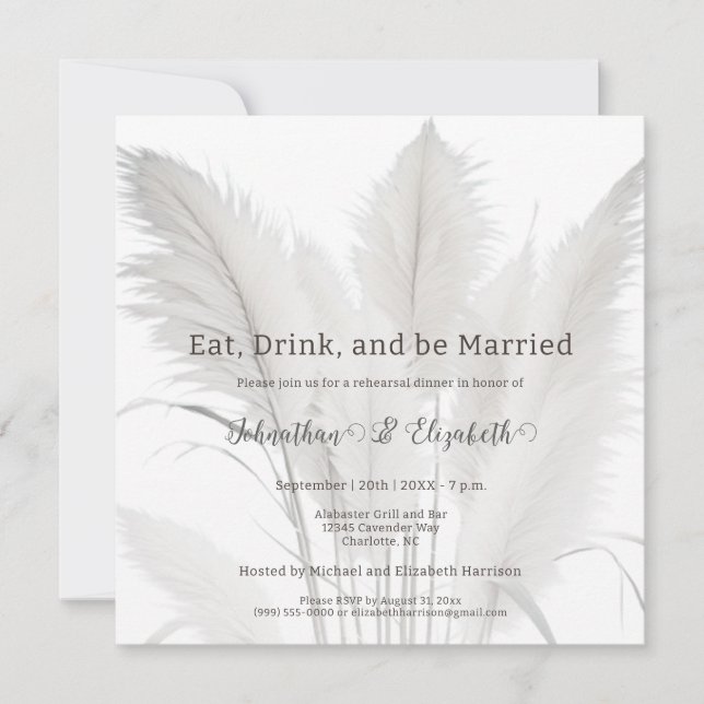 Boho Pampas Grass Wedding Rehearsal Dinner Invitation (Front)