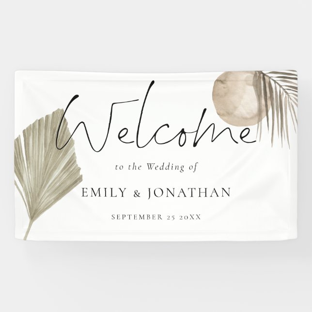 Boho Pampas Grass Welcome Wedding Names Date Banner (Horizontal)