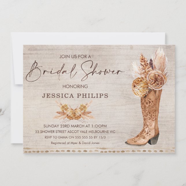 Boho Pampas Grass Western Boot Bridal Shower Invitation (Front)