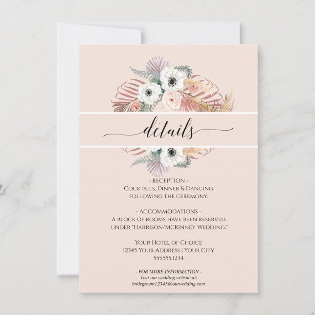Boho Pampas Grass White Blush Floral Palm Foliage Invitation (Front)