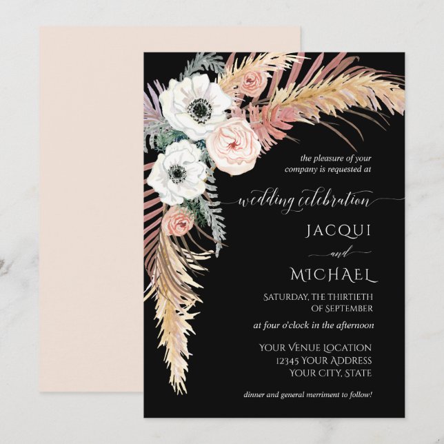 Boho Pampas Grass White Blush Floral Palm Foliage Invitation (Front/Back)