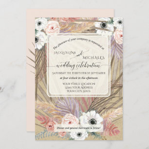BOHO Pampas Grass White Floral Rustic Neutral Invitation