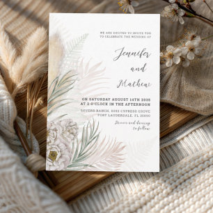 Boho Pampas Grass & White Floral Wedding Invitation