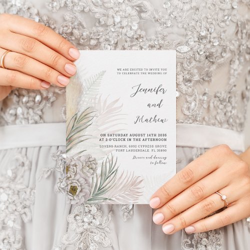 Boho Pampas Grass  White Floral Wedding  Invitation