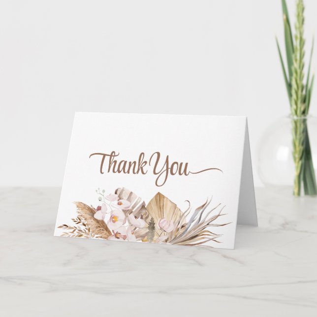 Boho Pampas Grass White Orchid Wedding Thank You Card (Front)