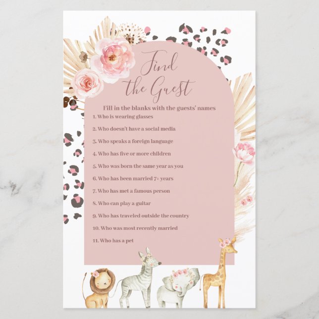 Boho Pampas Grass Wild Animals Find the Guest game (Front)