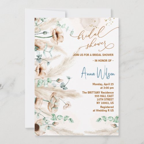 Boho pampas grass Wildflower Bridal Shower Invitation