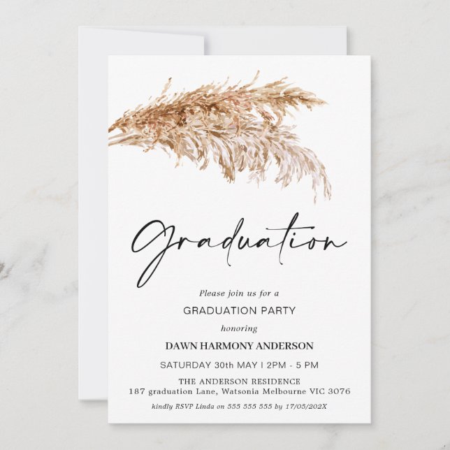 Boho Pampas Grass with Photo Graduation Party Invitation (Front)