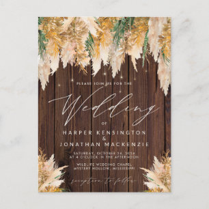 Boho Pampas Grass Wood Twinkle Lights Wedding Postcard