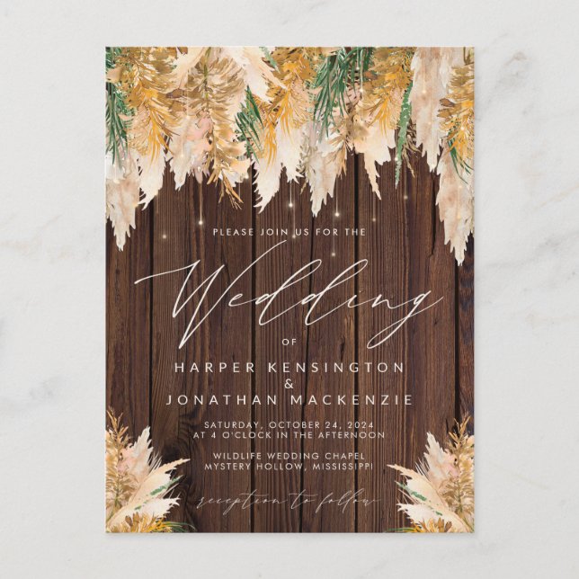 Boho Pampas Grass Wood Twinkle Lights Wedding Postcard (Front)