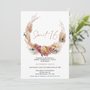 Boho Pampas Grass Wreath Sweet 16 Birthday Invitation
