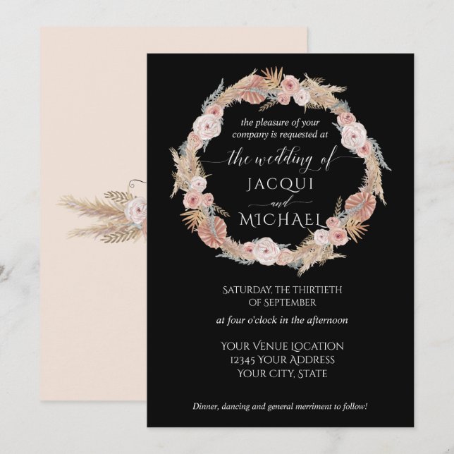 Boho Pampas Grass Wreath Tropical Black Floral Invitation (Front/Back)