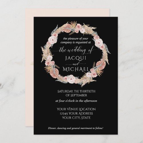 Boho Pampas Grass Wreath Tropical Black Floral Invitation