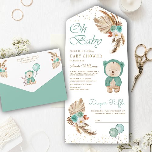 Boho Pampas Green Floral Teddy Bear Baby Shower All In One Invitation