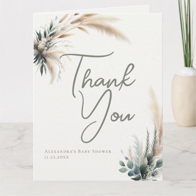 Boho Pampas Greenery Calligraphy Chic Baby Shower Thank You Card (Front)