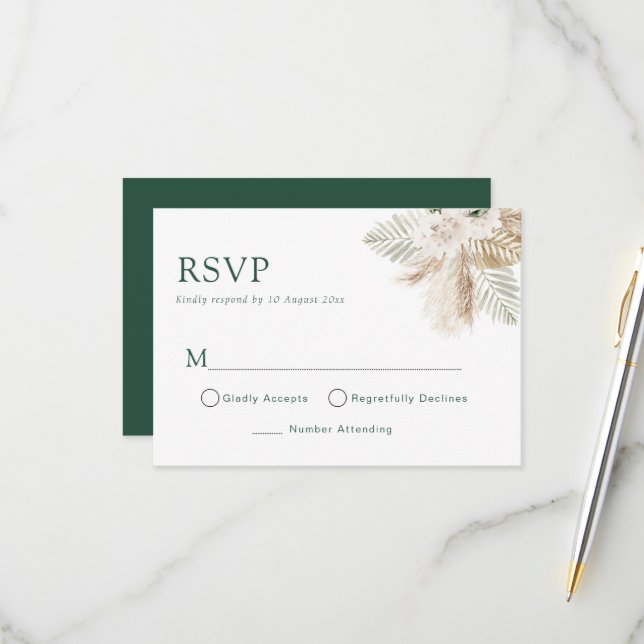 boho pampas greenery wedding rsvp card (Front/Back In Situ)