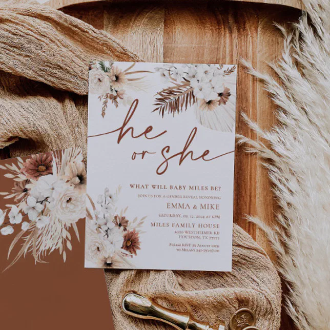 Boho Pampas He Or She Gender Reveal Invitation Zazzle Boho pampas he or she gender reveal invitation zazzle