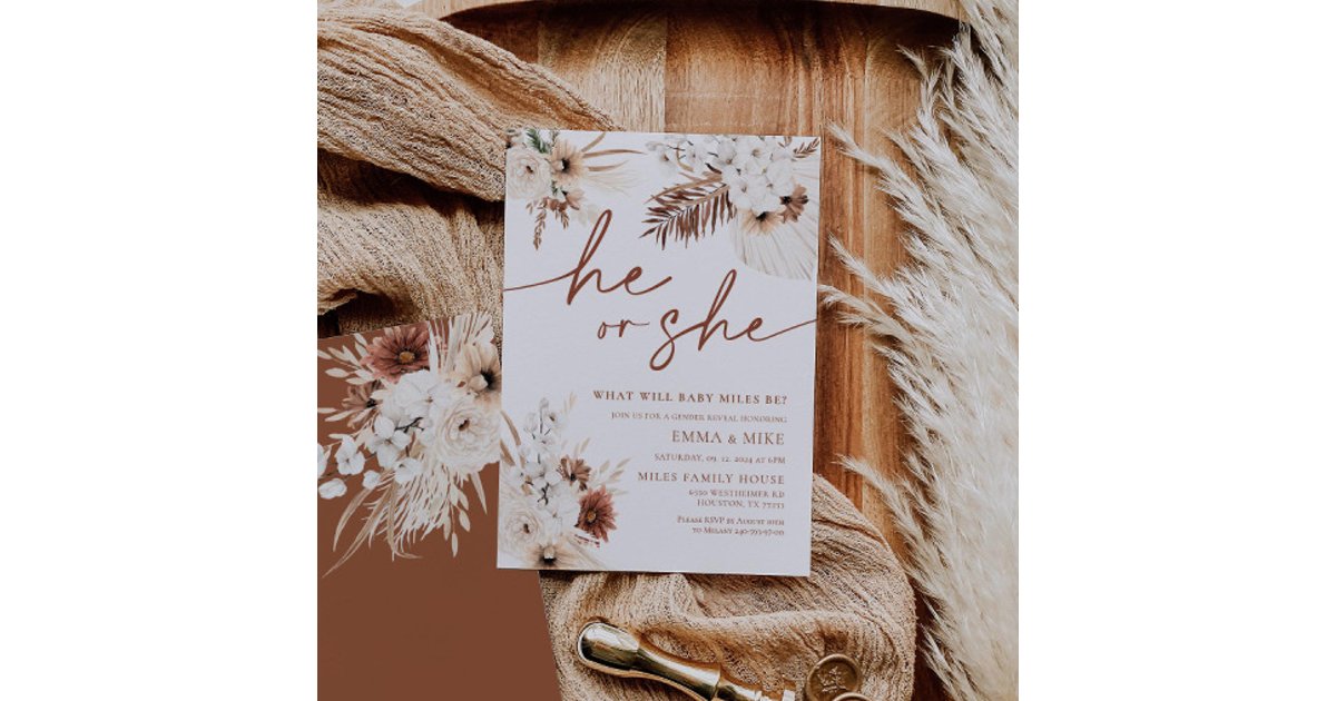 Boho Pampas He or She Gender Reveal Invitation | Zazzle
