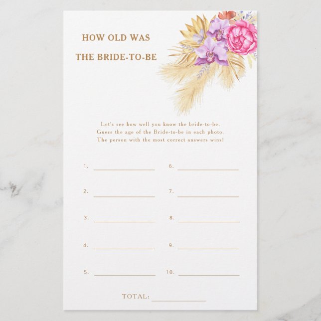 Boho pampas - How old was the bride to be game (Front)