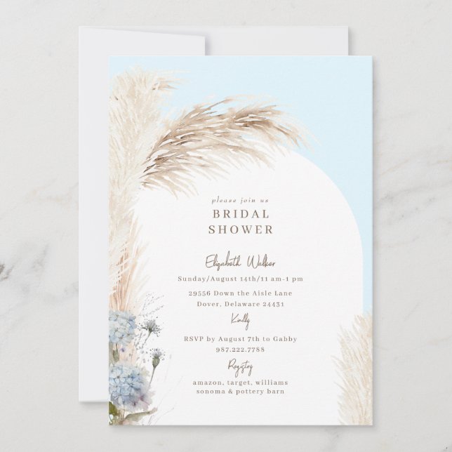 Boho Pampas Icy Blue Bridal Shower Invitation (Front)