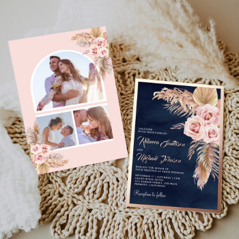 Boho Pampas Navy Blue Dusty Pink Wedding Rose Gold Foil Invitation by ShabzDesigns at Zazzle