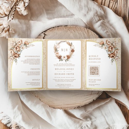 Boho Pampas Neutral Beige Earthy Floral Wedding Tri_Fold Invitation