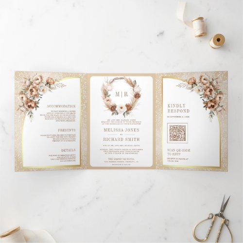 Boho Pampas Neutral Beige Earthy Floral Wedding Tri_Fold Invitation