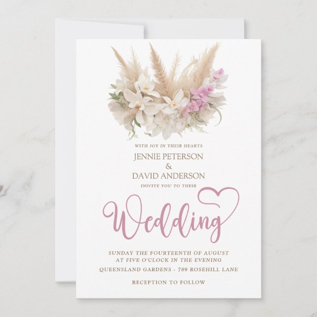 Boho Pampas & Orchid Wedding Invitation Foil (Front)