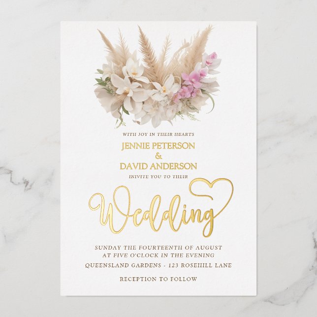 Boho Pampas & Orchid Wedding Invitation Foil Foil Invitation (Front)