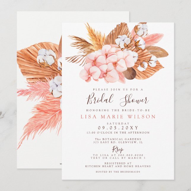 Boho Pampas Orchids Cotton Blush Bridal Shower Invitation (Front/Back)