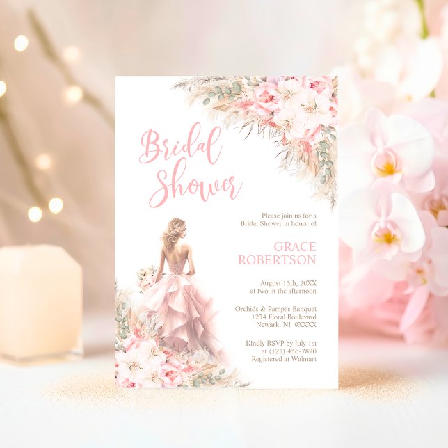 Boho Pampas Orchids Peonies Dress Bridal Shower Invitation (Boho Pampas Orchids Peonies Dress Bridal Shower Invitation)