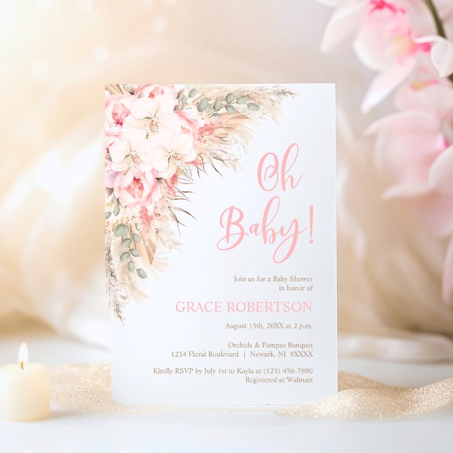 Boho Pampas Orchids Peonies Girl Oh Baby Shower Invitation (Boho Pampas Orchids Peonies Girl Oh Baby Shower Invitation)